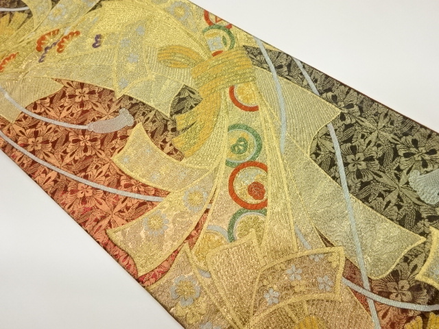 束ね熨斗に丸文・松・花々模様織出し袋帯